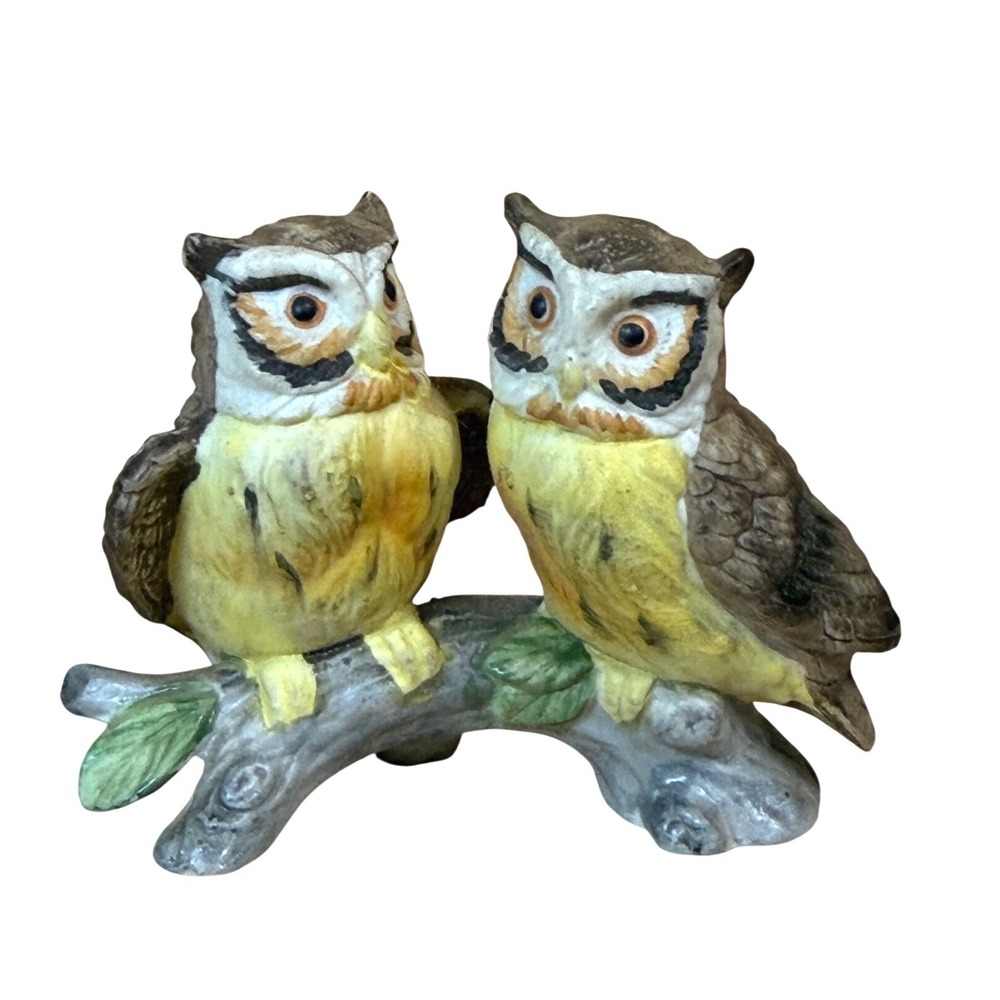 Vintage Ceramic Owl Figurine Pair on Branch Hand Painted Bird Home Decor Brown